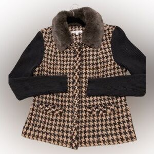 CAbi Houndstooth Jacket with Faux Fur Trim Sz 8